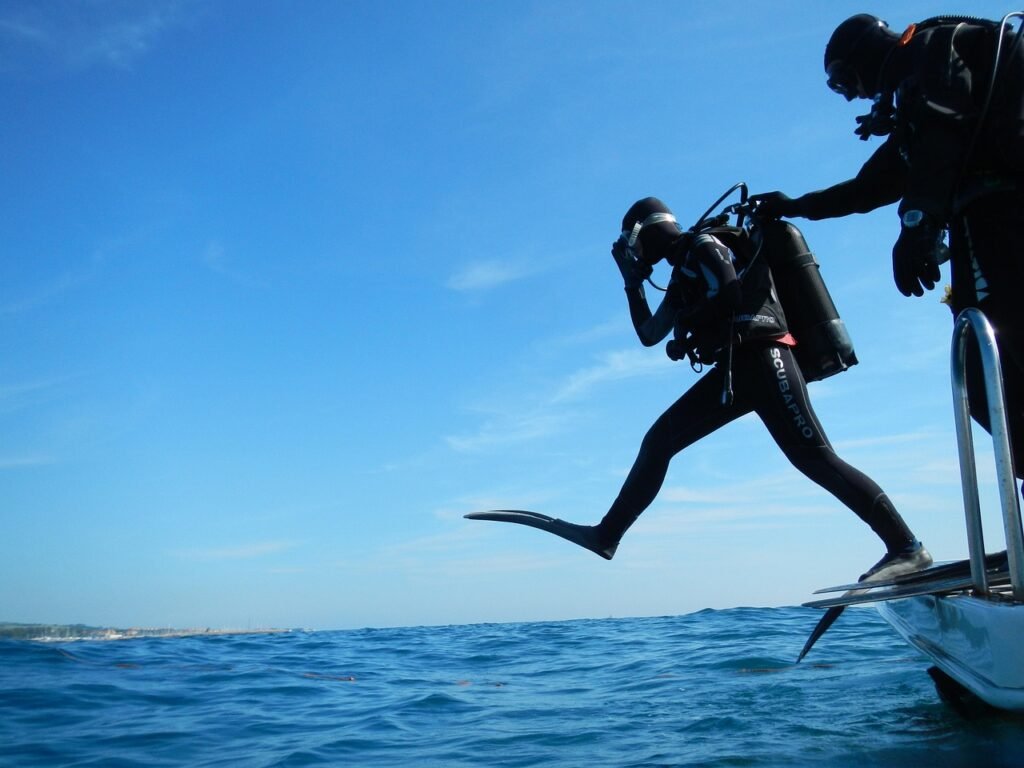 sub, diving, scuba, giant step, diver, boat, nature, sea